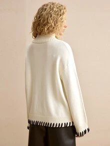 MOTF PREMIUM AUTUMN/WINTER WHITE HANDMADE STRAP HIGH NECK DROP SHOULDER LOOSE SWEATER - White - View 4