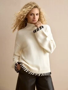 MOTF PREMIUM AUTUMN/WINTER WHITE HANDMADE STRAP HIGH NECK DROP SHOULDER LOOSE SWEATER - White - View 1