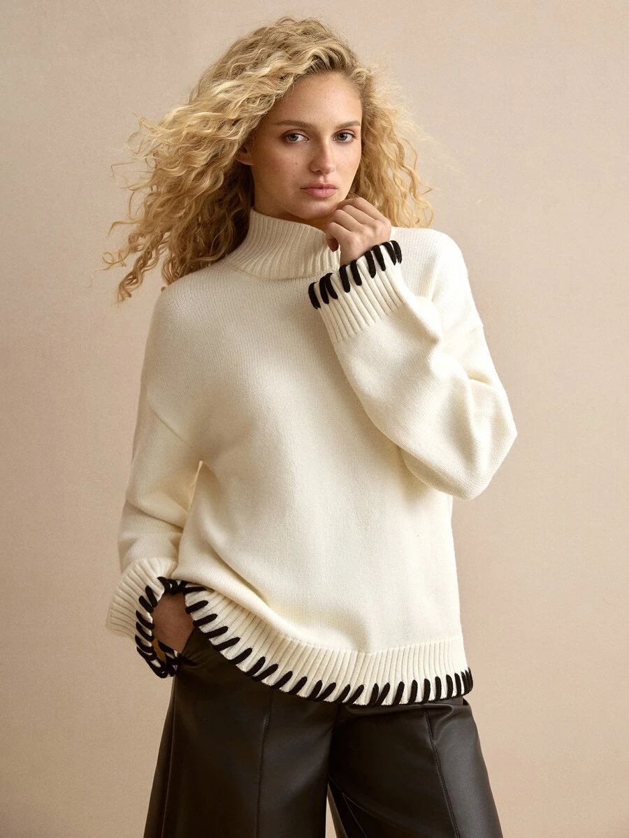 MOTF PREMIUM AUTUMN/WINTER WHITE HANDMADE STRAP HIGH NECK DROP SHOULDER LOOSE SWEATER - White - View 1