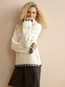 MOTF PREMIUM AUTUMN/WINTER WHITE HANDMADE STRAP HIGH NECK DROP SHOULDER LOOSE SWEATER - White - View 2