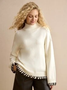 MOTF PREMIUM AUTUMN/WINTER WHITE HANDMADE STRAP HIGH NECK DROP SHOULDER LOOSE SWEATER - White - View 5