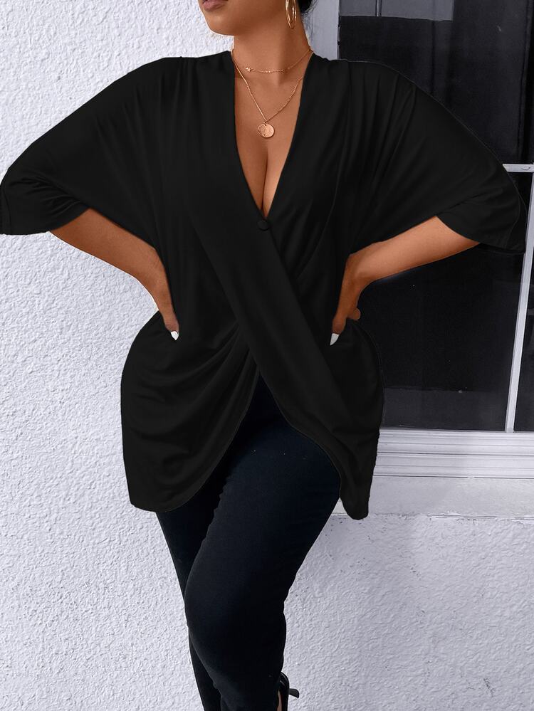 SHEIN Essnce Plus-Size Women's Elegant Black V-Neck Short-Sleeved Top,Autumn Night Fashion Casual Stretchy Comfortable Basic Everyday Tops Fall - Black - View 5