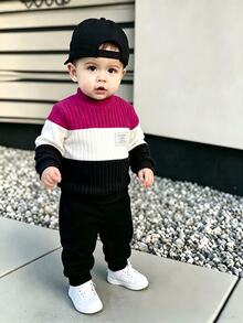 SHEIN Playful Pals Baby Boy Colorblock Rib Knit Top & Pants 2pcs Set - Multicolor - View 2