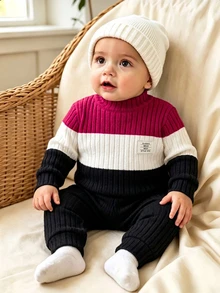 SHEIN Playful Pals Baby Boy Colorblock Rib Knit Top & Pants 2pcs Set - Multicolor - View 10