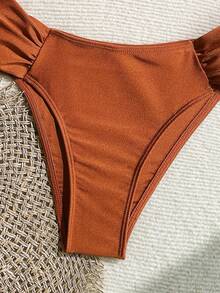 Swim Chiccia Springbreak Women Sexy Metal Decor High Cut Ruched Spaghetti Strap Bikini Set - Coffee Brown - View 5