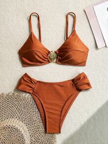 Swim Chiccia Springbreak Women Sexy Metal Decor High Cut Ruched Spaghetti Strap Bikini Set - Coffee Brown - View 7