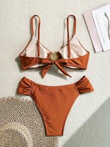 Swim Chiccia Springbreak Women Sexy Metal Decor High Cut Ruched Spaghetti Strap Bikini Set - Coffee Brown - View 3