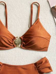 Swim Chiccia Springbreak Women Sexy Metal Decor High Cut Ruched Spaghetti Strap Bikini Set - Coffee Brown - View 4