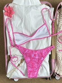 SHEIN Swim 女士吊带橙色花卉印花性感沙滩度假泳装套装 - 粉色 - 查看 3
