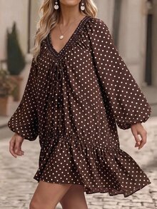Editum Women's Polka Dot V-Neck Lantern Sleeve Ruffle Hem Midi Dress - Coffee Brown - View 4