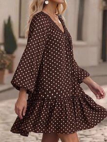 Editum Women's Polka Dot V-Neck Lantern Sleeve Ruffle Hem Midi Dress - Coffee Brown - View 6