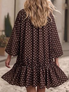 Editum Women's Polka Dot V-Neck Lantern Sleeve Ruffle Hem Midi Dress - Coffee Brown - View 3