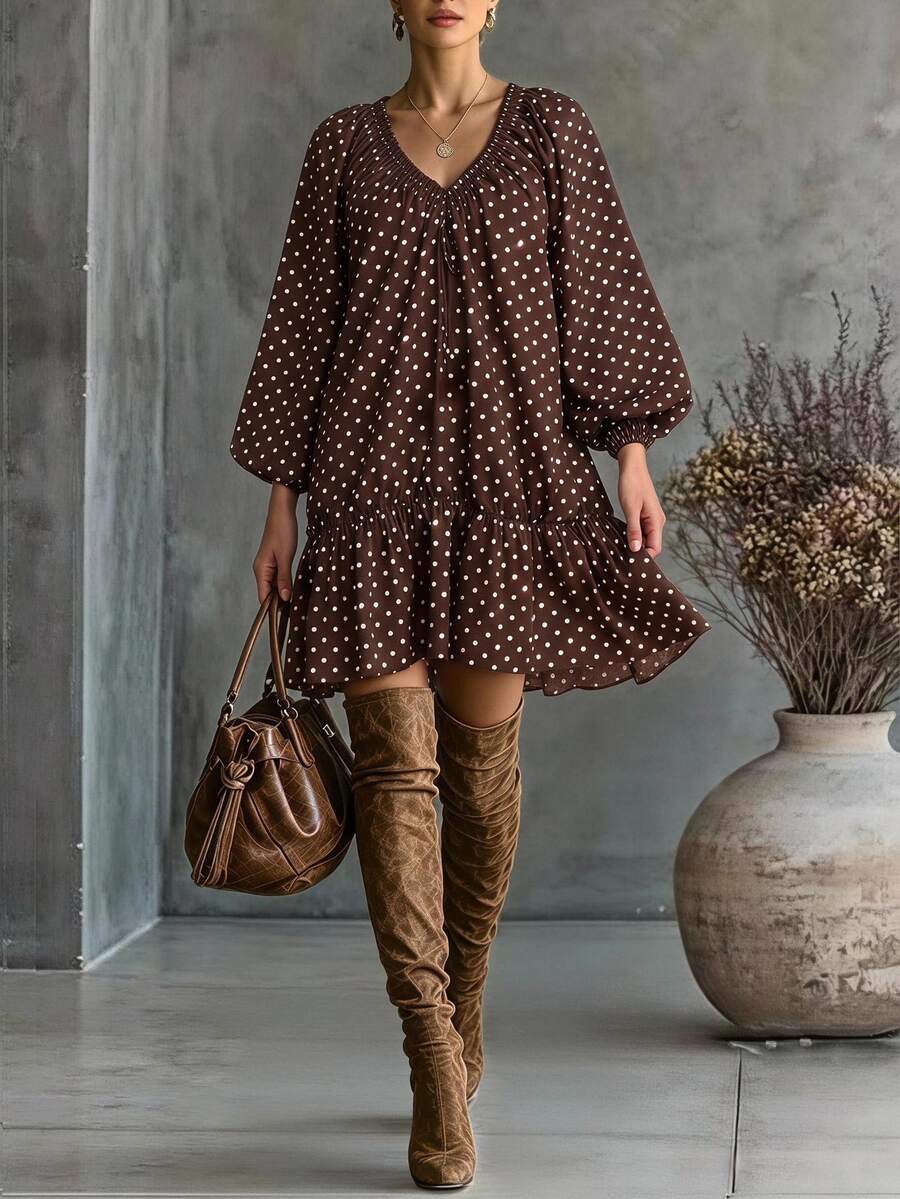 Editum Women's Polka Dot V-Neck Lantern Sleeve Ruffle Hem Midi Dress
