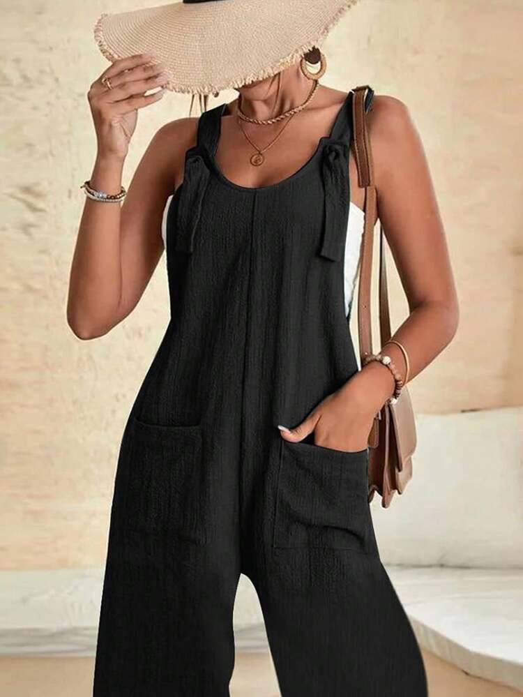 SHEIN Holidaya Casual Solid Color Overalls Jumpsuit - Black - View 5