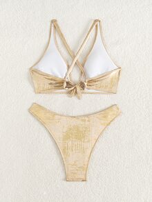 Swim SXY 2件套欧美风情女士性感深V亮片露背交叉系带比基尼套装 - 金色 - 查看 4