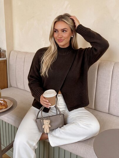 Auralis Top de Tricô Feminina com Gola Média-Alta e Fenda Assimétrica, Suéter Casual de Ajuste Solto para Outono/Inverno