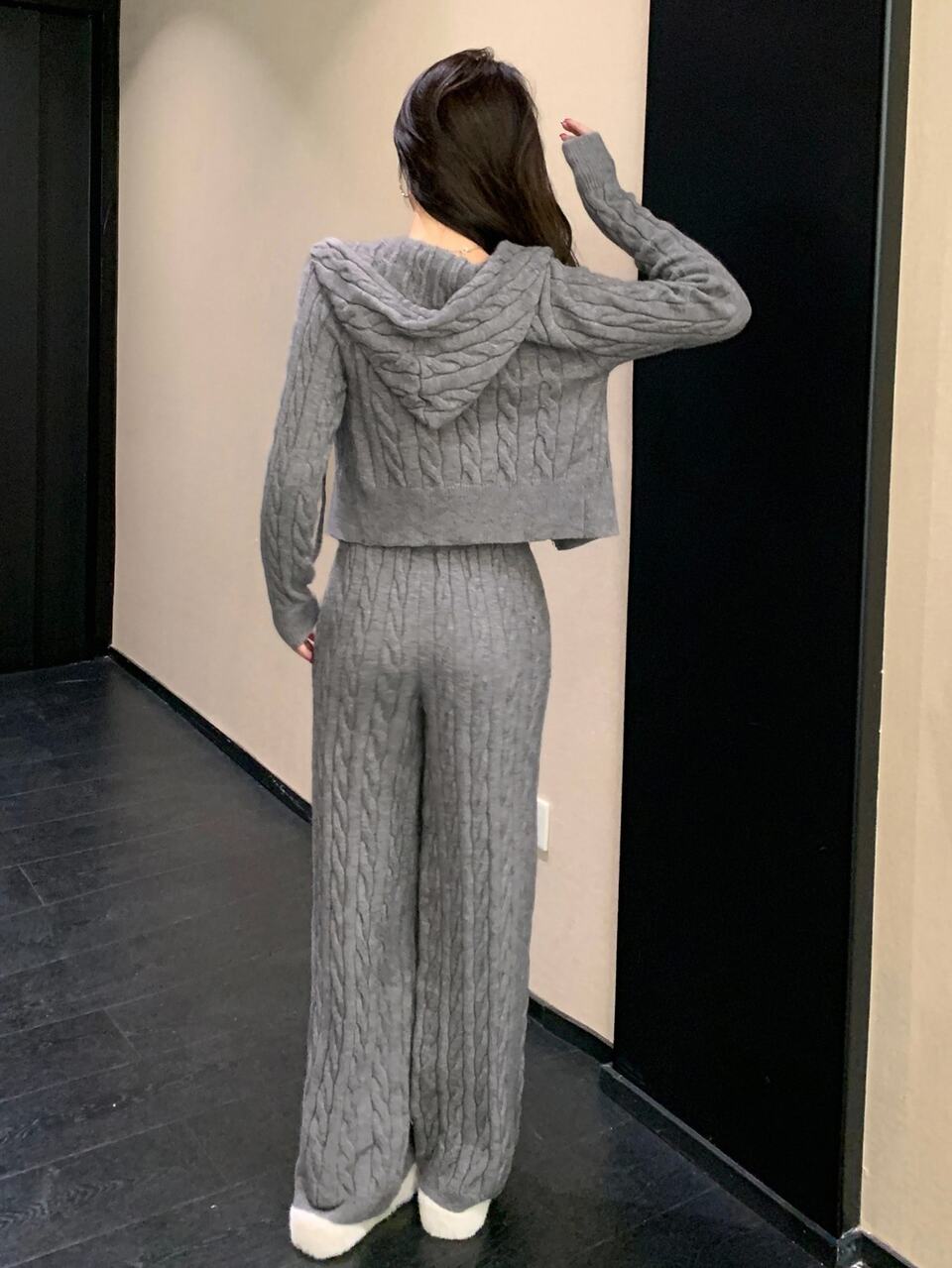 Gray,Autumn,Casual,Elegant,Lounge Women 2 Pieces Sweater Set,Fitted Knit Cardigan&Straight Leg Pants,New Year Christmas Fashion Hooded Textured Outfit