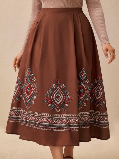 Écloséra Curve Plus Size Women's Vintage Minimalist Print Elastic Waist A-Line Skirt, Suitable For Bohemian Style, Travel & Vacation, Daily Commute, Casual Shopping