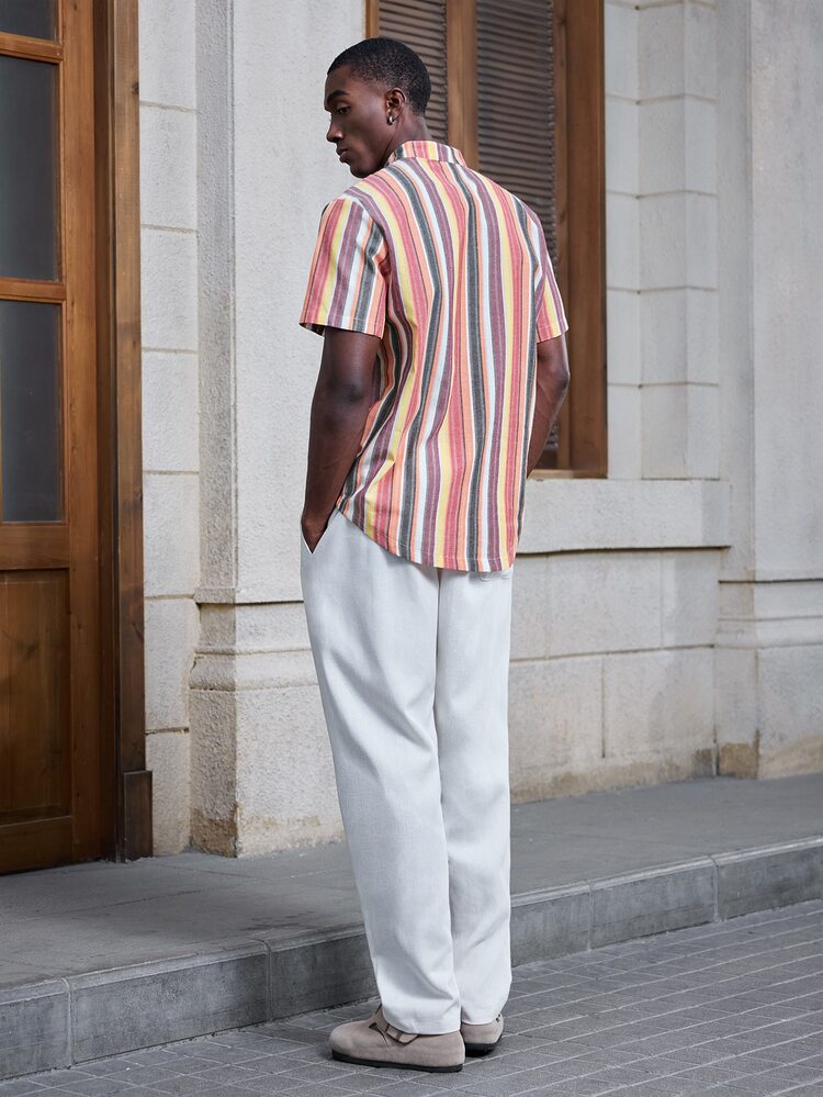 HIMLAND 2pcs/Set Men's Summer Cotton Polyester Brushed Striped Casual Short Sleeve Shirt & Loose Comfortable Linen Long Pants - Multicolor - View 7