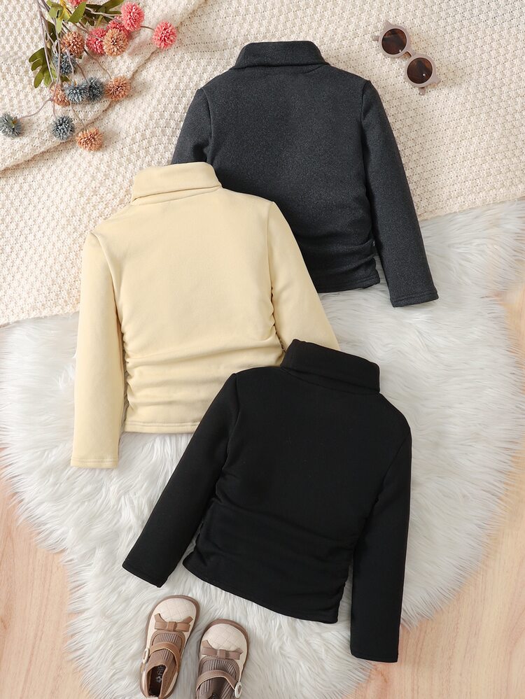 SHEIN Young Girl Young Girl High Elasticity Turn-Down Collar Thermal Lined Base Layer T-Shirt Suitable For Daily Casual Wear 3pcs Set - Black - View 6