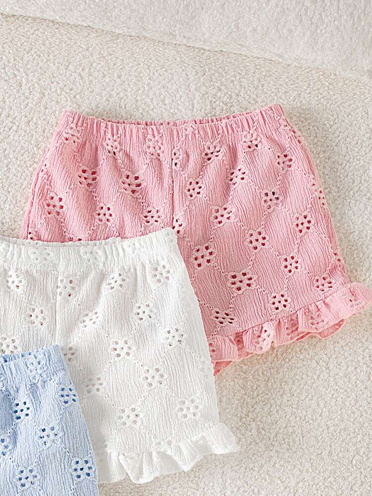 SHEIN Three-Piece Set Baby Girls Pants, Colorful Heart-Shaped Stripe Print, Scalloped Hem, Comfortable, Soft, Casual, Cute,And Summer New Style - Multicolor - View 3