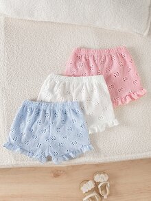 SHEIN 女嬰三件套褲子 粉色白色嬰兒藍 心形條紋印花 波浪邊舒適柔軟休閒可愛夏季居家款 - 彩色 - 查看 3