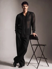 FeverCity Men's Fashion Sexy Semi-Sheer Mesh Shirt - Black - View 10