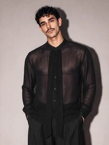 FeverCity Men's Fashion Sexy Semi-Sheer Mesh Shirt - Black - View 2