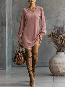 SHEIN Clasi Women's Elegant Casual Minimalist Long Sleeve V-Neck Dress Brunch Dusty Pink Autumn - Dusty Pink - View 2