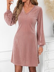 SHEIN Clasi Women's Elegant Casual Minimalist Long Sleeve V-Neck Dress Brunch Dusty Pink Autumn - Dusty Pink - View 6