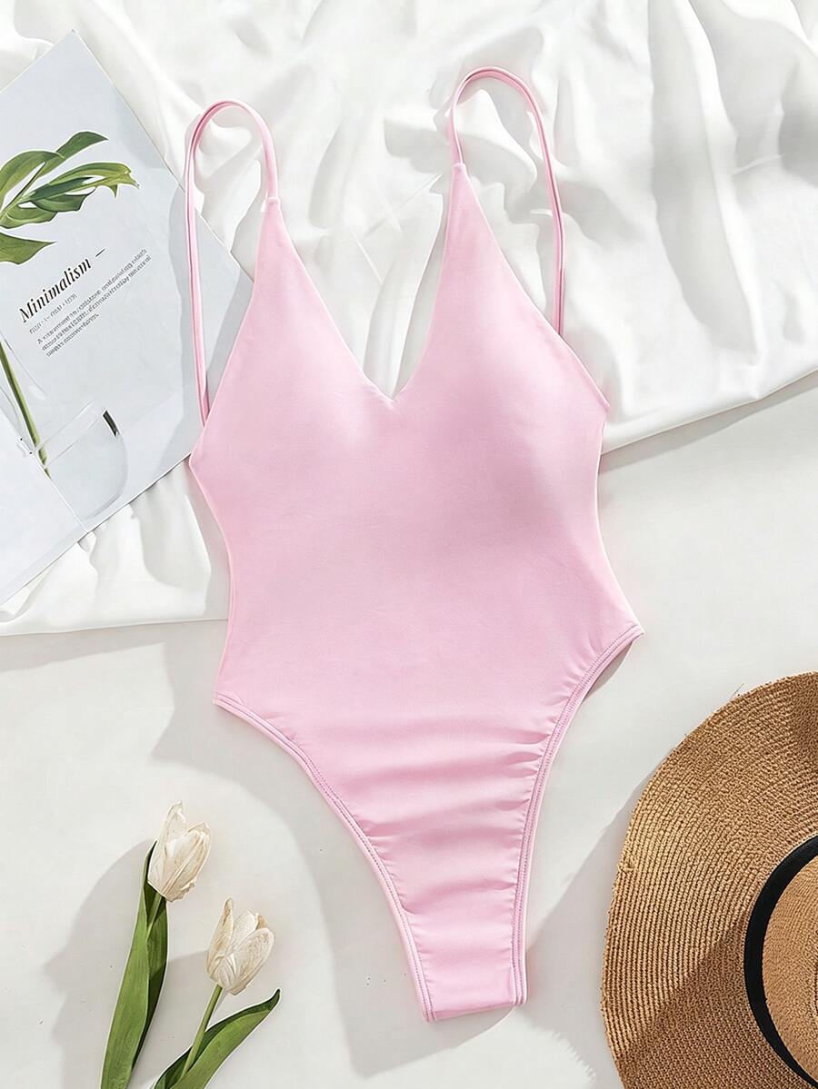 SHEIN Swim 素色連體泳衣 - 淺粉色 - 查看 1