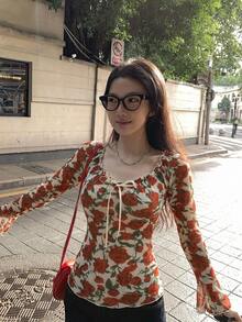 DAZY 春夏紅色花卉印花大花蕾絲上衣，情人節婚禮宴會舞會晚禮服，時尚派對修身優雅通勤透視網紗V領長袖喇叭袖拼接女款上衣 - 紅色 - 查看 8