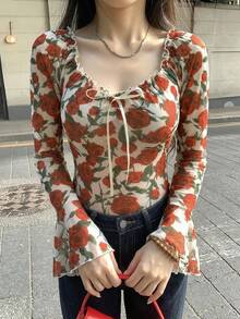 DAZY 春夏紅色花卉印花大花蕾絲上衣，情人節婚禮宴會舞會晚禮服，時尚派對修身優雅通勤透視網紗V領長袖喇叭袖拼接女款上衣 - 紅色 - 查看 4