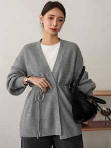 DAZY Women's V-Neck Open Front Grey Knit Cardigan Sweater With Cinched Waist Tie, Loose Lazy Fit For Home And Commute, Autumn/Winter - Grey - View 4
