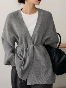 DAZY Women's V-Neck Open Front Grey Knit Cardigan Sweater With Cinched Waist Tie, Loose Lazy Fit For Home And Commute, Autumn/Winter - Grey - View 2