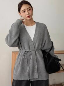DAZY Women's V-Neck Open Front Grey Knit Cardigan Sweater With Cinched Waist Tie, Loose Lazy Fit For Home And Commute, Autumn/Winter - Grey - View 5