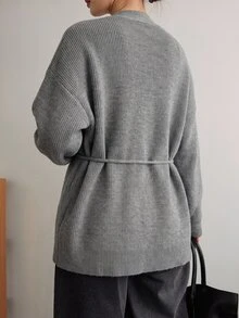 DAZY Women's V-Neck Open Front Grey Knit Cardigan Sweater With Cinched Waist Tie, Loose Lazy Fit For Home And Commute, Autumn/Winter - Grey - View 3