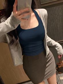 Joudiya 女款修身性感短版背心，細肩帶露背設計，適合海灘/度假，夏季外穿海軍藍背心上衣 - 藏蓝色 - 查看 7