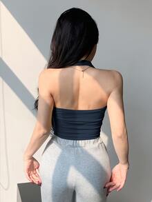 Joudiya 女款修身性感短版背心，細肩帶露背設計，適合海灘/度假，夏季外穿海軍藍背心上衣 - 藏蓝色 - 查看 4