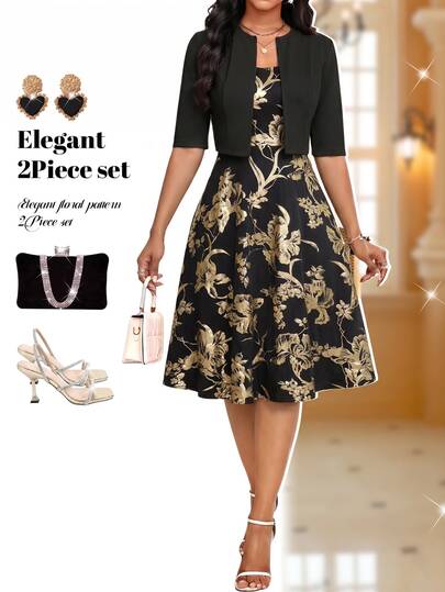 Fleurora Women's Square Neck Jacket And Floral Print Wide Strap Sleeveless Dress 2pcs Set Party Dinner Black Black And Gold Summer Elegant Wedding