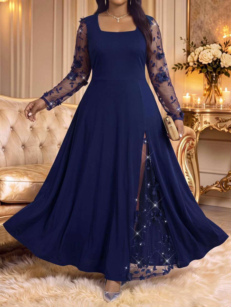 Fleurora Plus Size Women Mesh Patchwork Casual Party Dress - Navy Blue - View 1