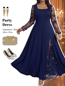 Fleurora Plus Size Women Mesh Patchwork Casual Party Dress - Navy Blue - View 4