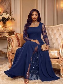 Fleurora Plus Size Women Mesh Patchwork Casual Party Dress - Navy Blue - View 3