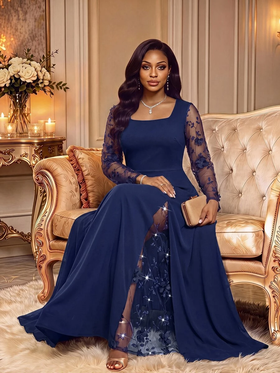 Fleurora Plus Size Women Mesh Patchwork Casual Party Dress Fall - Navy Blue - View 1
