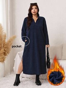 Easowa Curve Plus Size Women Solid Color Lapel Long Sleeve Side Slit Hem Casual Dress - Navy Blue - View 2