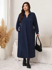 Easowa Curve Plus Size Women Solid Color Lapel Long Sleeve Side Slit Hem Casual Dress - Navy Blue - View 4