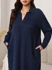 Easowa Curve Plus Size Women Solid Color Lapel Long Sleeve Side Slit Hem Casual Dress - Navy Blue - View 5