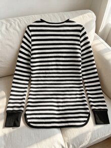 Rusticease Black And White Striped Print Notched V Neck Tee Brunch Autumn Casual - Black and White - View 2