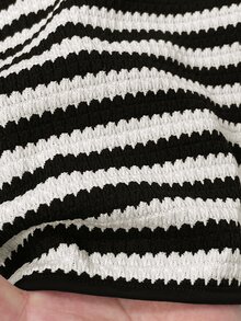 Rusticease Black And White Striped Print Notched V Neck Tee Brunch Autumn Casual - Black and White - View 4
