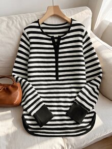 Rusticease Black And White Striped Print Notched V Neck Tee Brunch Autumn Casual - Black and White - View 3